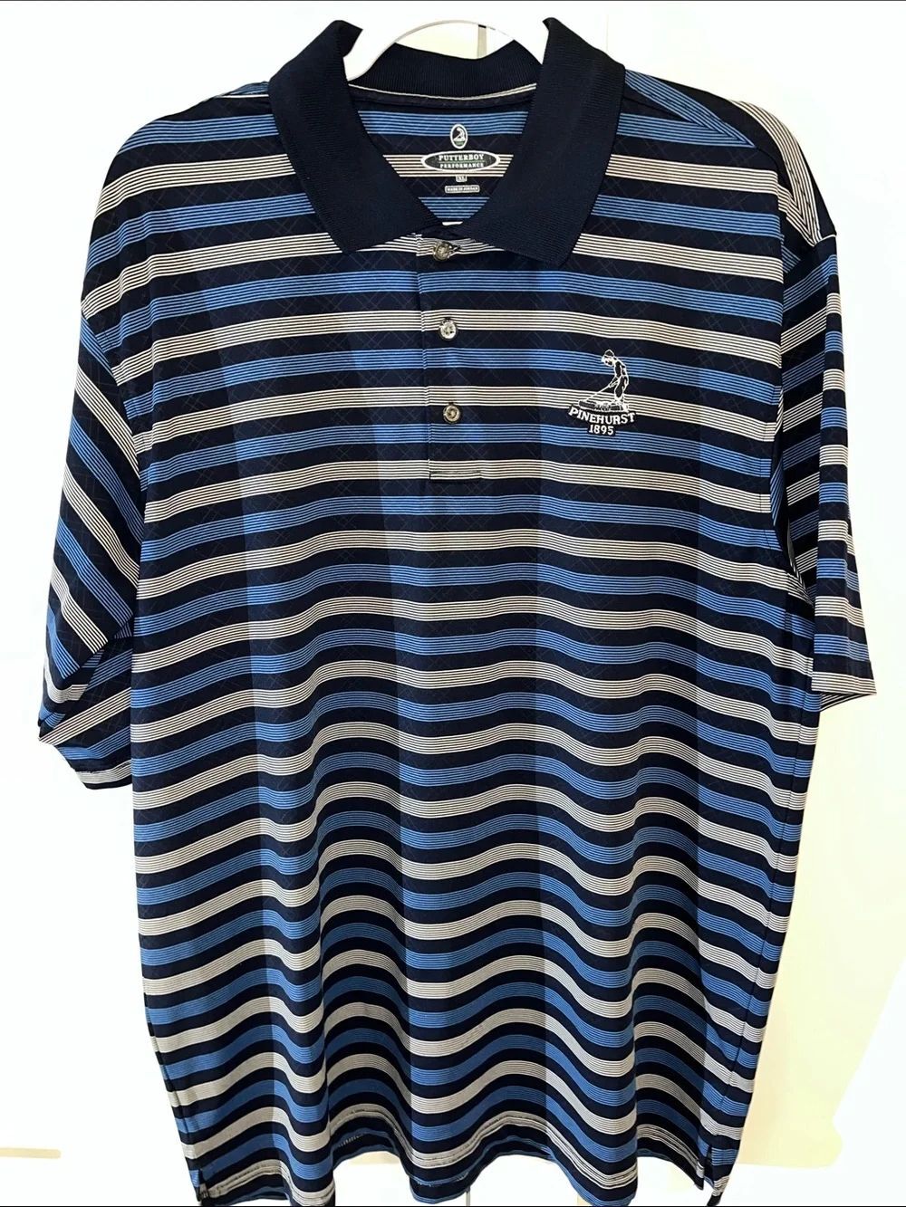 Pinehurst Resort putter boy 1895 Performance Blue Stripe Golf Shirt XL Mens
